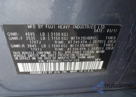 2017 Subaru Outback 2.5I Premium из США, поврежденный, VIN 4S4BSACC7H3341299